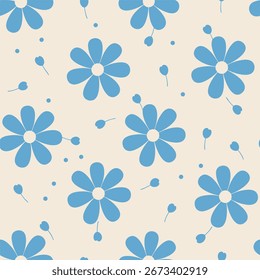 Seamless Blue Floral Pattern with Minimalist Daisy Motif on Beige Background