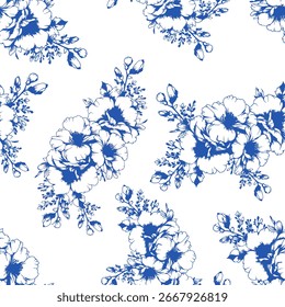 Seamless blue floral pattern on white. Vector Illustration.
