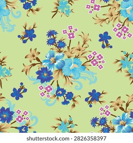 Seamless blue floral pattern on pastel green background with seamless botanical wallpaper