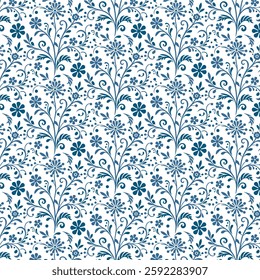 seamless blue floral pattern with ornamental plant and blossom motifs for wedding invitations
