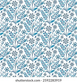 seamless blue floral pattern with painting inspired blossoms and leaves for fabric and print

