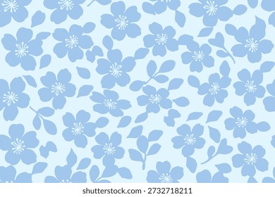 Nahtloses blaues Blumenmuster mit sanften Pastellblumen und Blättern im minimalistischen Vektorstil, perfekt für Tapeten, Stoff, Packpapier und Designhintergründe.
