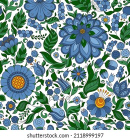 Seamless blue floral pattern, springsummer backdrop. Hand drawn surface design with flowers in garden. Can be used for wallpapers, pattern fills, surface textures.