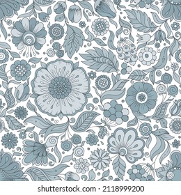 Seamless blue floral pattern, springsummer backdrop. Hand drawn surface design with flowers in garden. Can be used for wallpapers, pattern fills, surface textures.