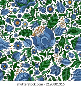 Seamless blue floral pattern, springsummer backdrop. Hand drawn surface design with flowers in garden. Can be used for wallpapers, pattern fills, surface textures.