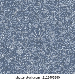 Seamless blue floral pattern, springsummer backdrop. Hand drawn surface design with flowers in garden. Can be used for wallpapers, pattern fills, surface textures.