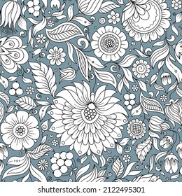 Seamless blue floral pattern, springsummer backdrop. Hand drawn surface design with flowers in garden. Can be used for wallpapers, pattern fills, surface textures.