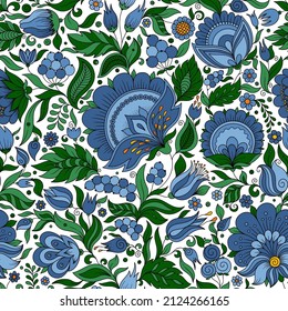 Seamless blue floral pattern, springsummer backdrop. Hand drawn surface design with flowers in garden. Can be used for wallpapers, pattern fills, surface textures.