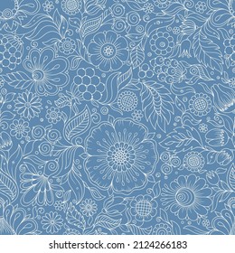 Seamless blue floral pattern, springsummer backdrop. Hand drawn surface design with flowers in garden. Can be used for wallpapers, pattern fills, surface textures.
