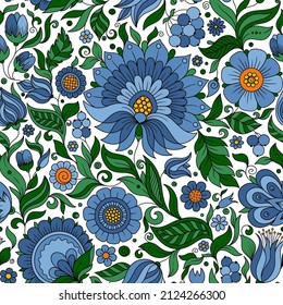 Nahtlose blaue Blütenmuster, frühlingshafte Sommerkulisse. Handgezeichnete Oberflächengestaltung mit Blumen im Garten. Kann für Wallpaper, Musterfüllungen, Oberflächentexturen verwendet werden.