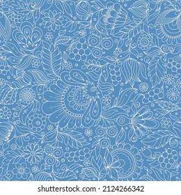 Patrón floral azul sin foco, telón de fondo de verano primavera. Diseño de superficie dibujado a mano con flores en el jardín. Se puede usar para papeles pintados, rellenos de patrones, texturas superficiales.