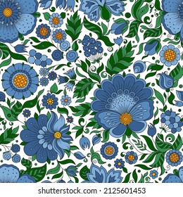 Seamless blue floral pattern, springsummer backdrop. Hand drawn surface design with flowers in garden. Can be used for wallpapers, pattern fills, surface textures.