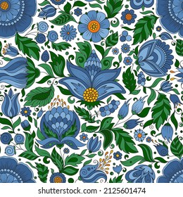 Seamless blue floral pattern, springsummer backdrop. Hand drawn surface design with flowers in garden. Can be used for wallpapers, pattern fills, surface textures.