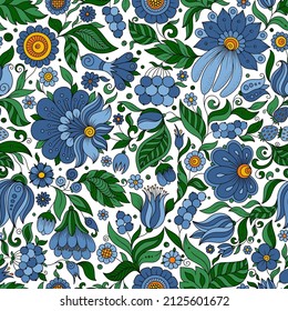 Patrón floral azul sin foco, telón de fondo de verano primavera. Diseño de superficie dibujado a mano con flores en el jardín. Se puede usar para papeles pintados, rellenos de patrones, texturas superficiales.