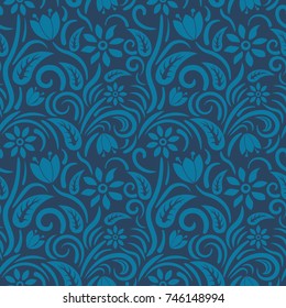 Seamless blue floral  pattern,  vector. Endless texture can be used for wallpaper, pattern fills, web page  background,  surface textures and fabrics.