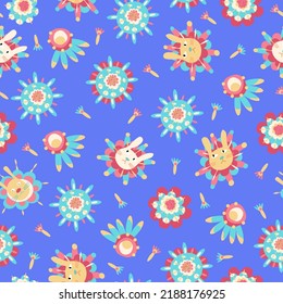 Seamless blue floral vector parten with bright flowers and bunnies inside. 