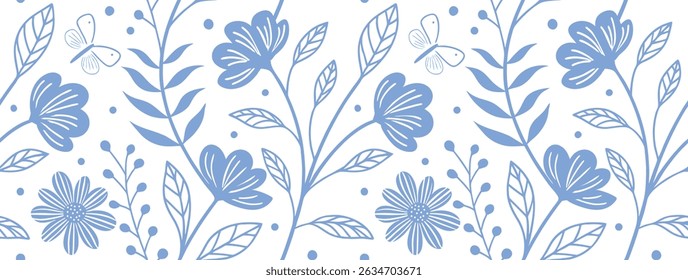 Seamless blue floral vector pattern with whimsical flowers, butterflies, and leaves on a white background. Great for kids’ designs, wrapping paper, or fabric. Cheerful spring nature illustration.