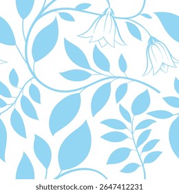 Seamless blue floral vector pattern with delicate leaves and bell-shaped flowers on a white background. Ideal for fabric, wallpaper, and wrapping paper. Minimalist decorative botanical design.