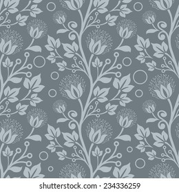 Seamless blue floral vector wallpaper pattern.