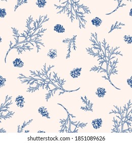 Seamless blue floral winter pattern. Juniper branches and larch cones. Vector botanical illustration. Blue.