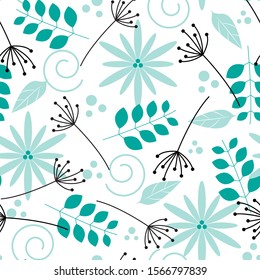 Seamless blue flowers and leaves pattern on white background