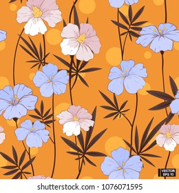 Seamless blue flowers, orange background.