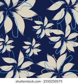 Seamless blue Flowers texture vector for clothes pattern, dark blue textile art, hand-draw style background vibrant colors, fashion artwork for Fabric print