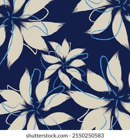 Um vetor de textura de Flores azul sem costura para padrão de roupas, arte têxtil azul escura, padrão tropical abstrato sem costura. Ilustração de vetor