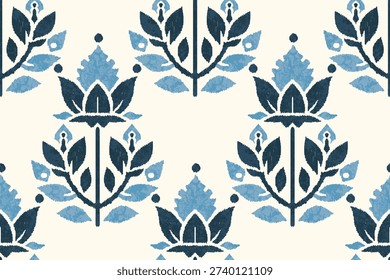 Seamless Blue Folk Floral Pattern. Scandinavian-Inspired Botanical Repeat Design. Traditional Folk Motif Floral Background. Nordic Folk Art Flower Seamless Textile Print. Vintage Botanical Fabric.