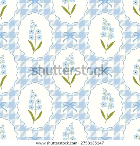 Seamless blue forget-me-not flower pattern with gingham check and bows, elegant coquette vector.
