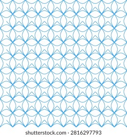 Seamless blue geometric floral pattern featuring repeating circular line motifs and symmetrical shapes. Modern, minimal decorative background ideal for wallpaper, textiles, web, packaging, branding and surface design.