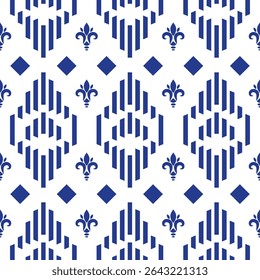 Seamless blue geometric pattern with stylized motifs and diamond shapes. Ideal for fabric, fashion design, and digital printing.
