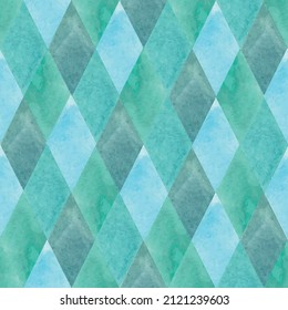 Seamless blue geometric pattern. Watercolor vector rhombus texture. Vintage ethnic striped background.