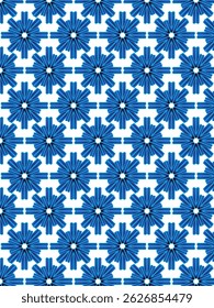 Padrão de floco de neve geométrico azul contínuo com simetria moderna no fundo branco.