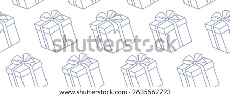 Seamless blue gift box pattern with ribbons and bows in a festive minimalist style. Ideal for celebration backgrounds, packaging design, and birthday themes. Hand-drawn linear illustration.