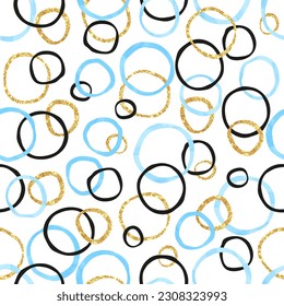 Patrón de círculos azules y dorados sin foco. Anillos abstractos vectoriales de fondo con formas redondeadas