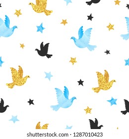 Seamless blue and golden dove pattern.Vector background.