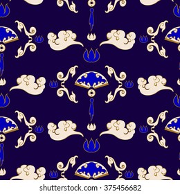 Seamless blue and golden pattern with fans and clouds. Background in the style of Chinese traditional painting.