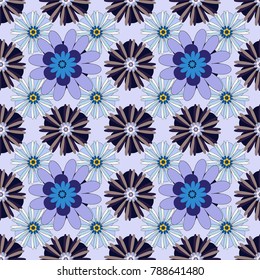 Seamless blue, gray and violet background with abstract flowers and elements. Vector retro illustration. Ideal for printing on fabric or paper.