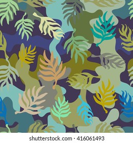 Seamless blue and green camouflage pattern with palm leaves.
