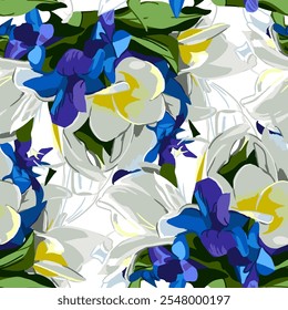 Patrón floral azul y verde sin fisuras, fondo floral romántico. Ilustración vectorial dibujada a mano