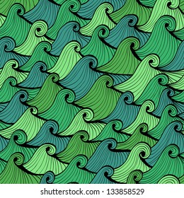 Seamless blue and green hand drawn background with waves. Eps10