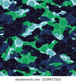 Seamless blue and green hexagonal futuristic camouflage pattern vector