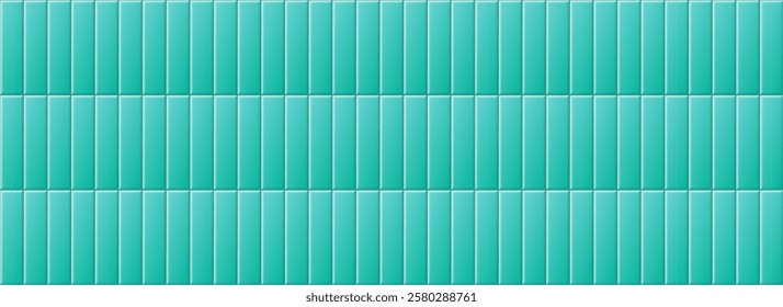 Seamless blue green tile pattern. Rectangle ceramic tiled texture for bathroom wall, kitchen floor, pool surface. Repeating cyan mosaic grid background. Turquoise vertical brick backdrop. Vector