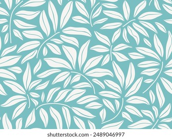 Seamless blue and grey floral background with leaves. Hand drawn minimal abstract organic shapes pattern. Vector blue abstact pattern with grey leaves.