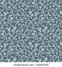 Seamless Blue Grey Floral Vector Background. Wallpaper Or Wrapping Paper Pattern.