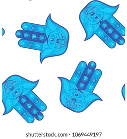 Seamless blue hamsa pattern on blue stock vector illustration design element for web, for print