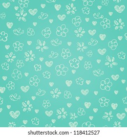 Seamless blue hand drawn pattern. Endless decorative stylized texture with flowers, hearts, birds. Template for design and decoration wrapping paper, textile, backgrounds, covers