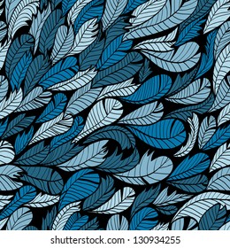 Seamless blue hand drawn pattern with feather