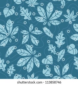 Seamless blue icy pattern with frozen autumn leaves and snowflakes. Vector illustration